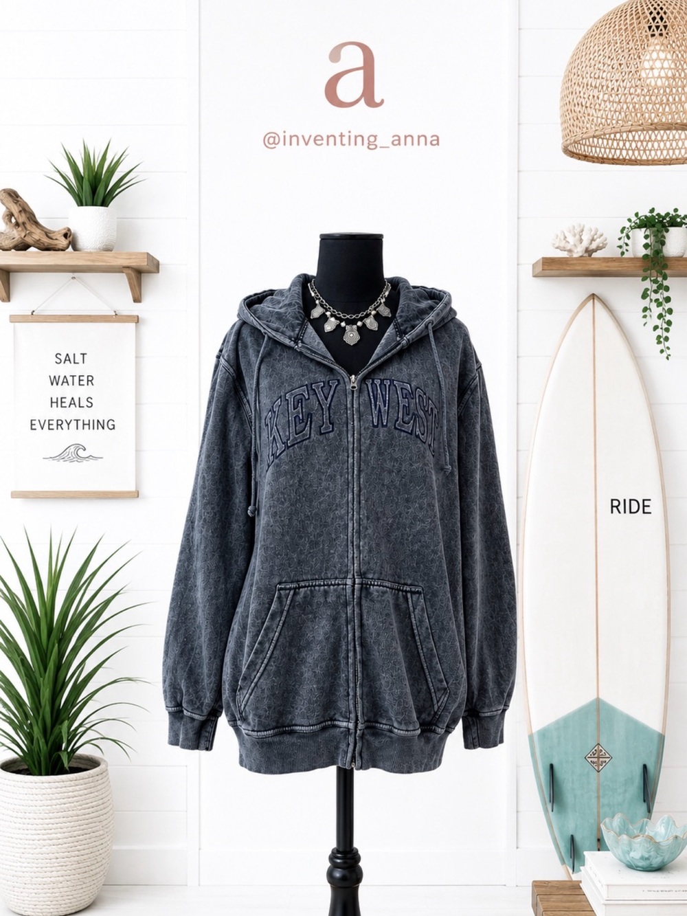 OCEAN BLUE Bluish Gray Distressed Drawstring Hoodie Jacket w/Pockets